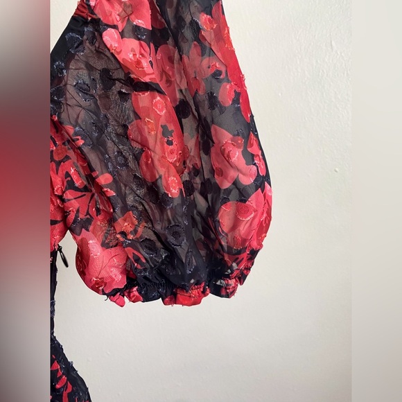 Lulus Red Black Floral Midi Puff Sleeve Dress Dark Romantic Cocktail Sheer L - Picture 8 of 10